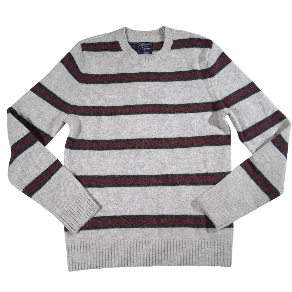 Abercrombie & Fitch Mens 100% Wool Striped Crewneck Sweater Gray Burgundy MEDIUM